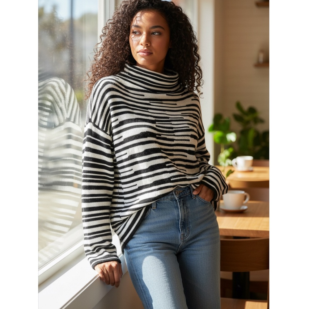 NIC+ZOE Black‎ & White Striped Cowl Neck Sweater
